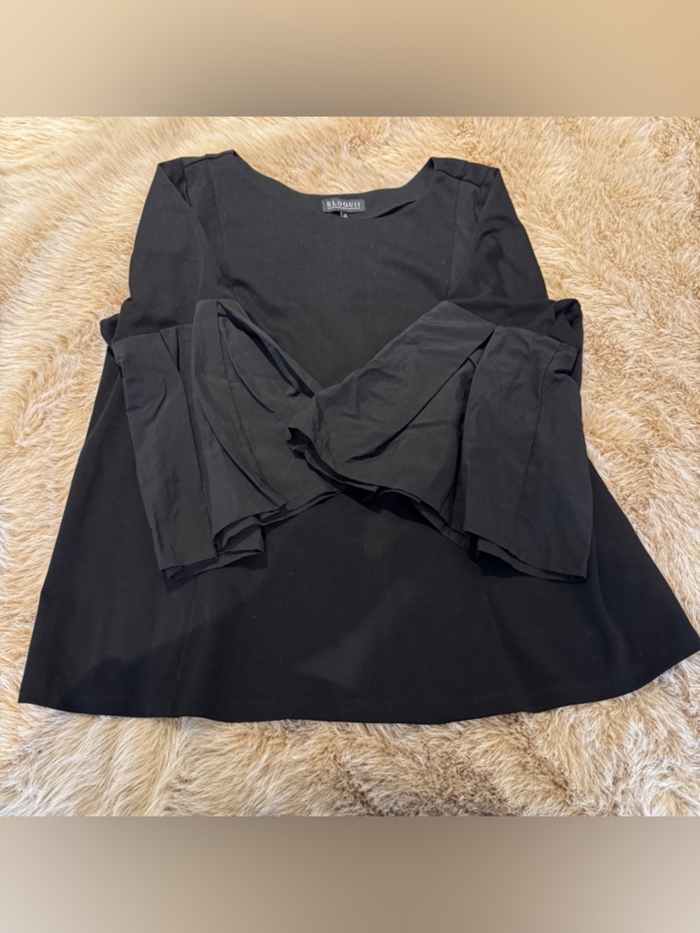 ELOQUII Size 26 Black Ponte Knit Stretch 3/4 Bell Sleeve Peplum Top Women Blouse